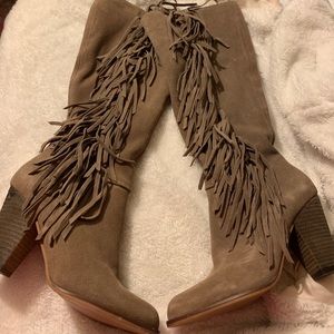 NWT Steve Madden Knee Fringe Boots- Taupe Suede